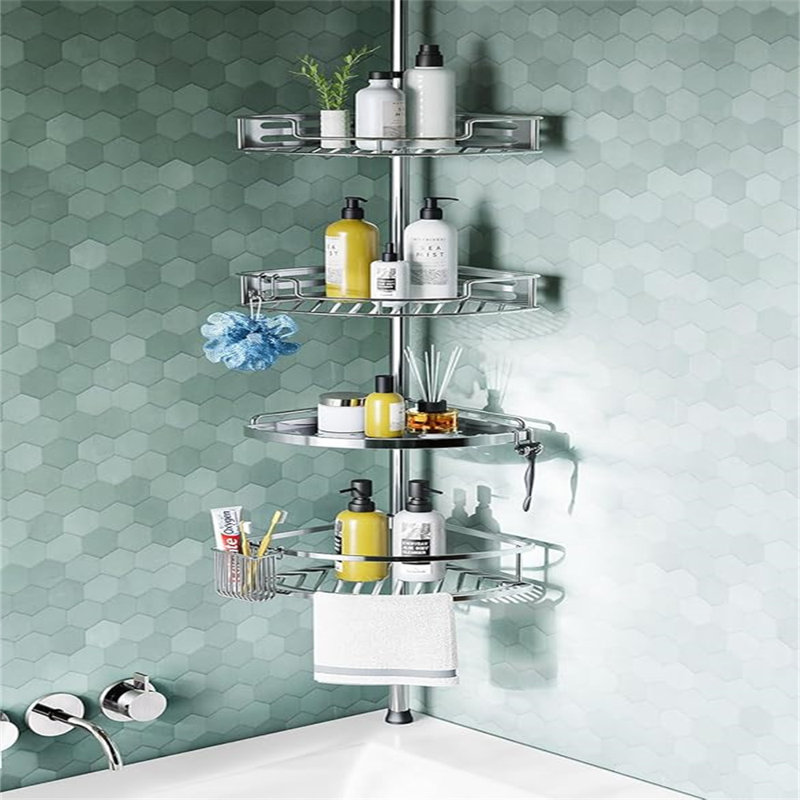 Rebrilliant Corner Shower Caddy Tension Pole Quick Installation 4 Tier Rustproof Bathroom Organizer Shelves For Bathtub Shampoo Storage 47 121 Inch Adjustable Floor Standing Bath Rack Holder Silver Wa...